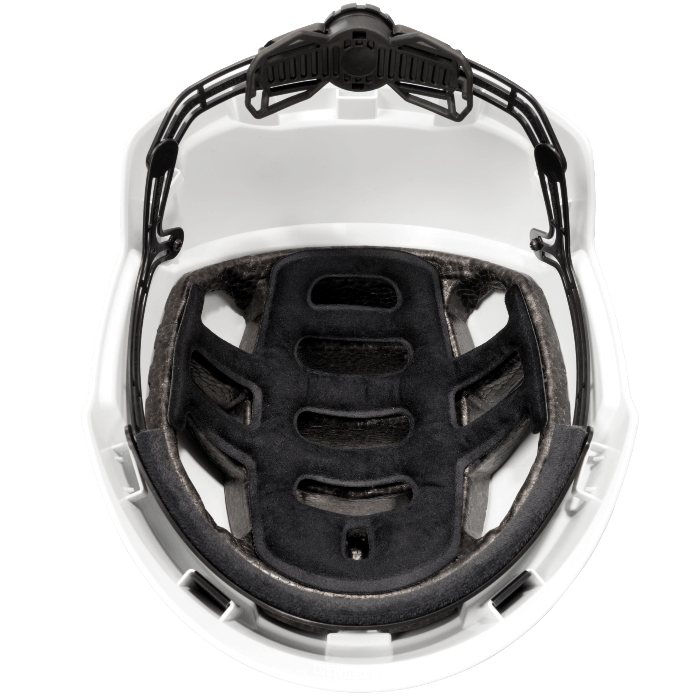 Skylotec inceptor grx schutzhelm weiß mit schwarzen verstellbaren gurten und geformtem innenfutter