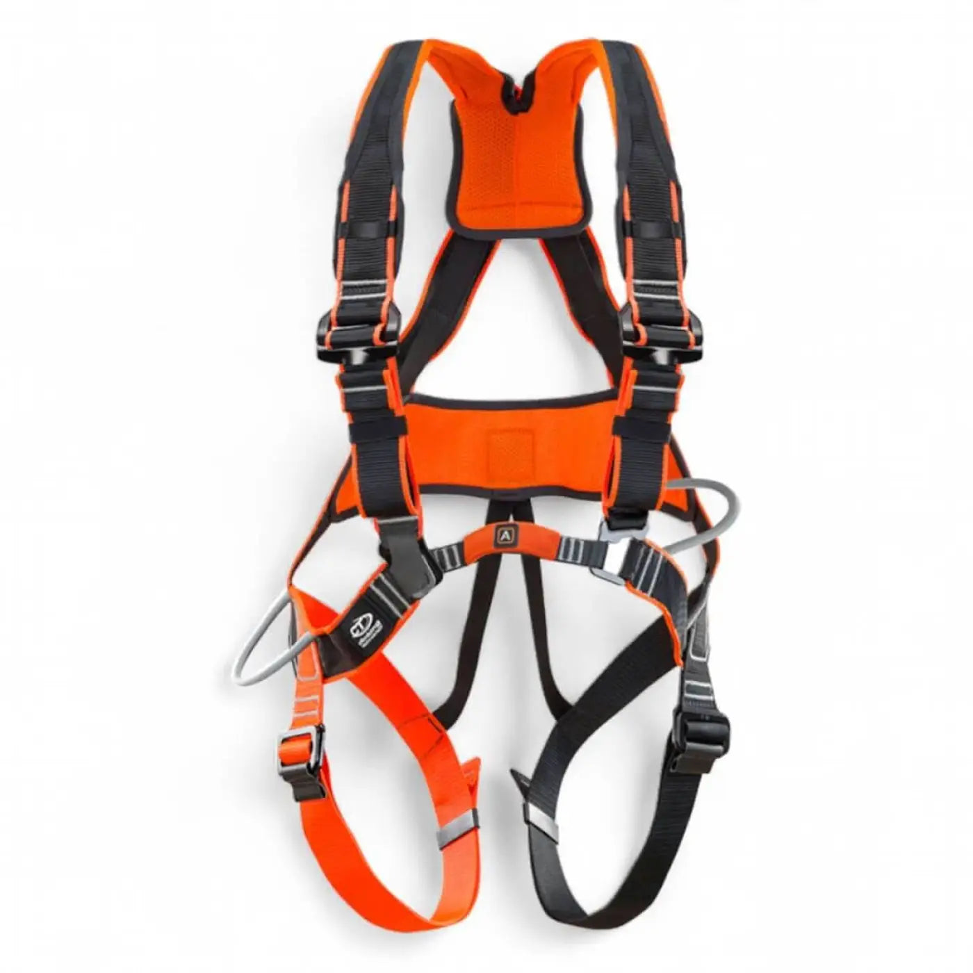 Oranger und schwarzer safetygurt mit reflektierenden streifen und metallverschlüssen von skylotec work tec auffanggurt