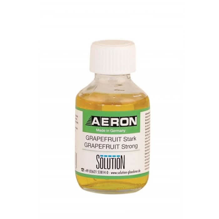 Eine klare glasflasche mit weißem verschluss enthält gelbe aeron grapefruit stark raumduft lösung