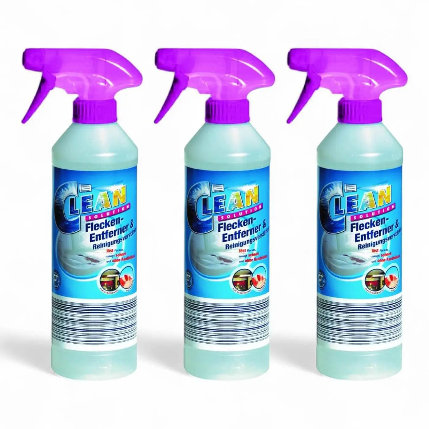 Drei identische flaschen solution glöckner clean solution fleck-entferner 500ml mit hellblauem körper und lila sprühkopf