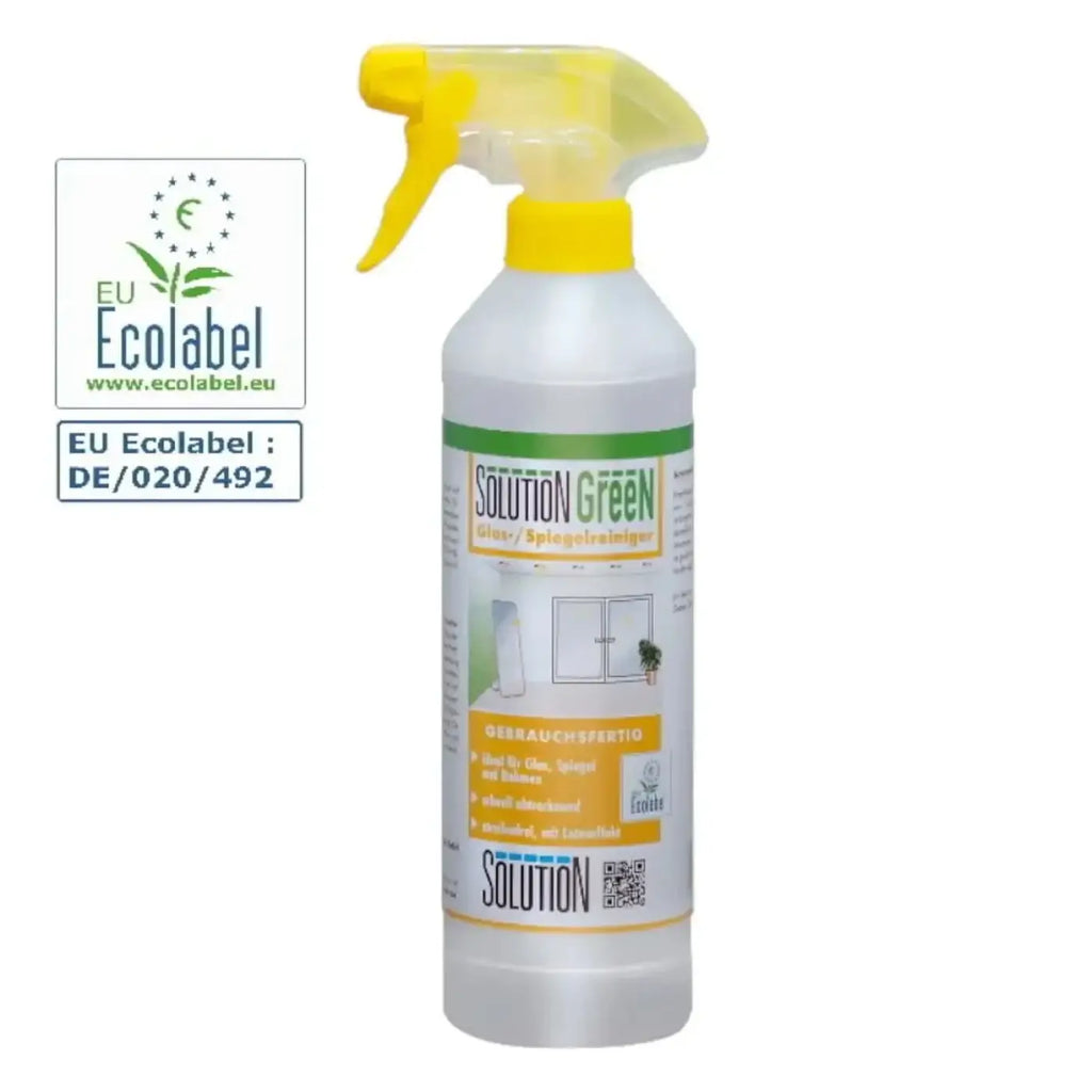 Gelbe spraysprühflasche mit lösung glöckner green glasreiniger für glas und spiegel Reinigung