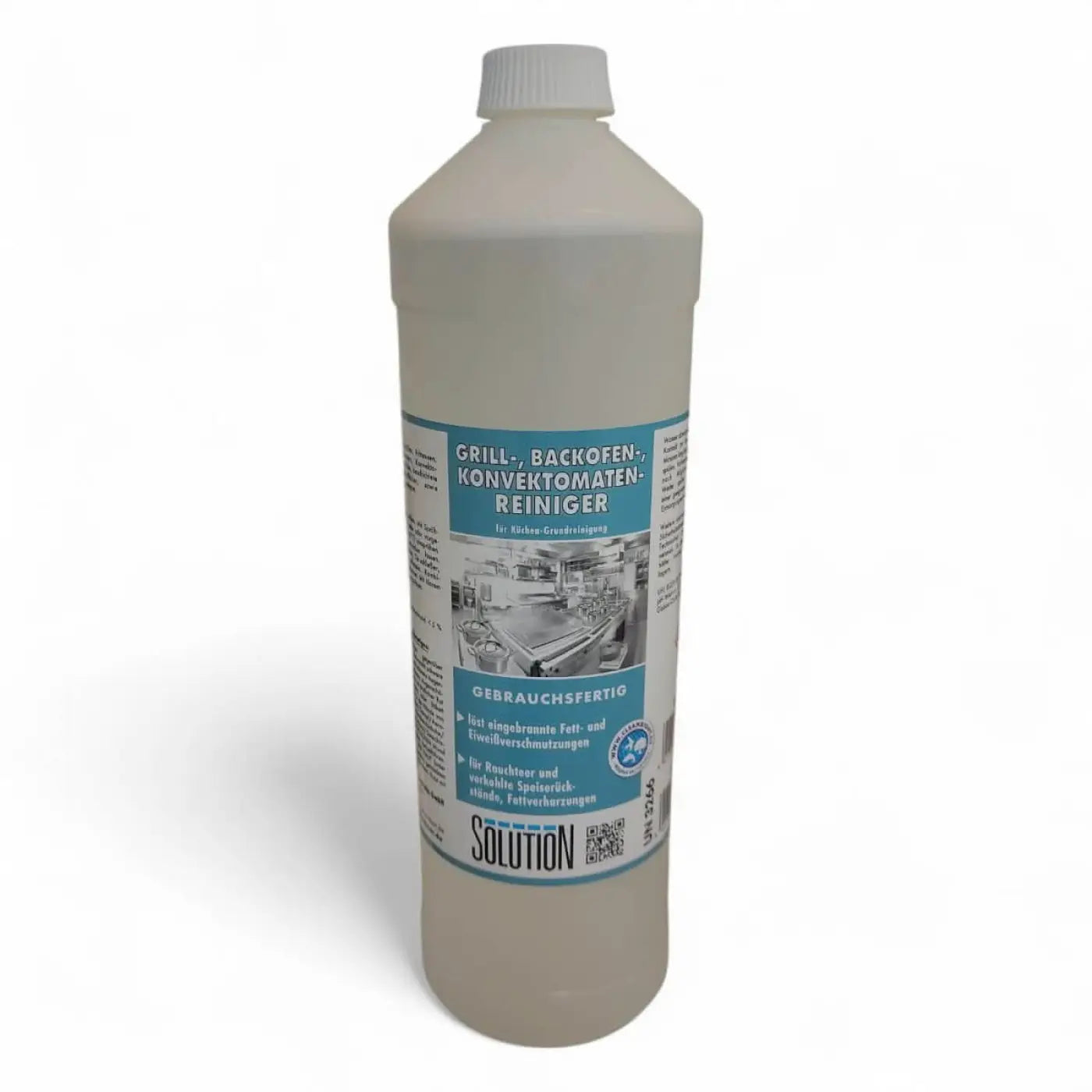 A translucent plastic bottle with a white cap labeled grill backofen konvektomaten reiniger by solution brand
