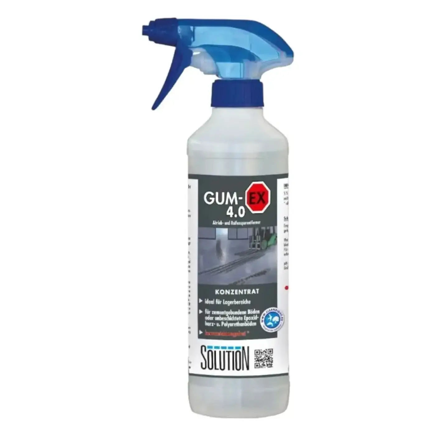 Klare plastik-sprühflasche mit blauem auslöser und deckel labeled gum-ex 4.0 von solution für reifenspurenentfernung