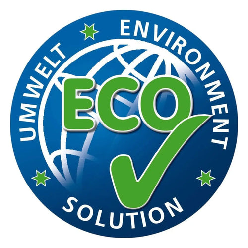 Runde umweltlösung logo mit grünem eco-text und haken über blauem globus auf solution glöckner magic mega glasreiniger 500ml