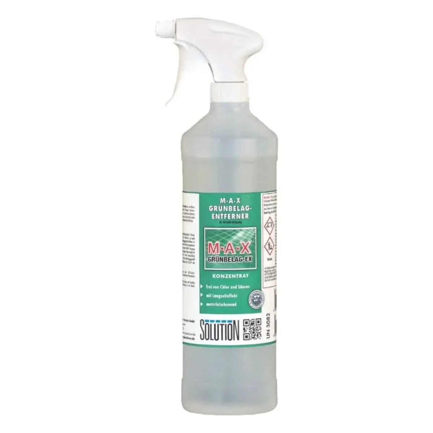 Klarer kunststoff-sprühflasche mit weißer triggerdüse und grünem m-a-x etikett für lösung glöckner max grünbelagentferner