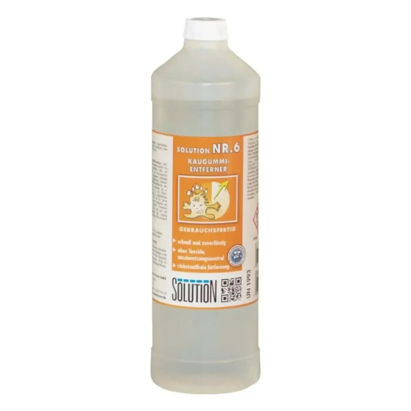 Klarer kunststoffflasche mit weißem deckel und orangenem etikett lösung glöckner nr 6 kaugummi entferner mit transparentem flüssigkeit zur entfernung von kaugummi