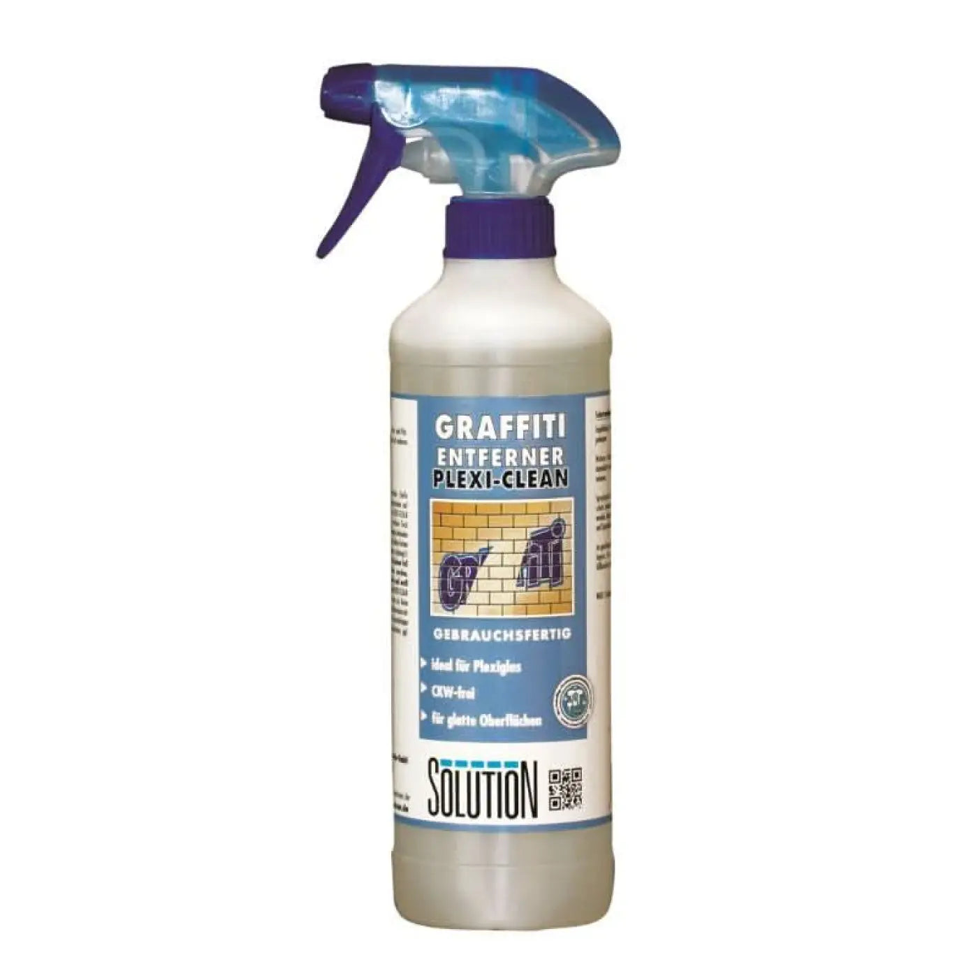 Weiße kunststoff-sprühflasche mit lila auslöser und durchsichtigem blauen düsenkopf für graffiti entferner plexi-clean von solution
