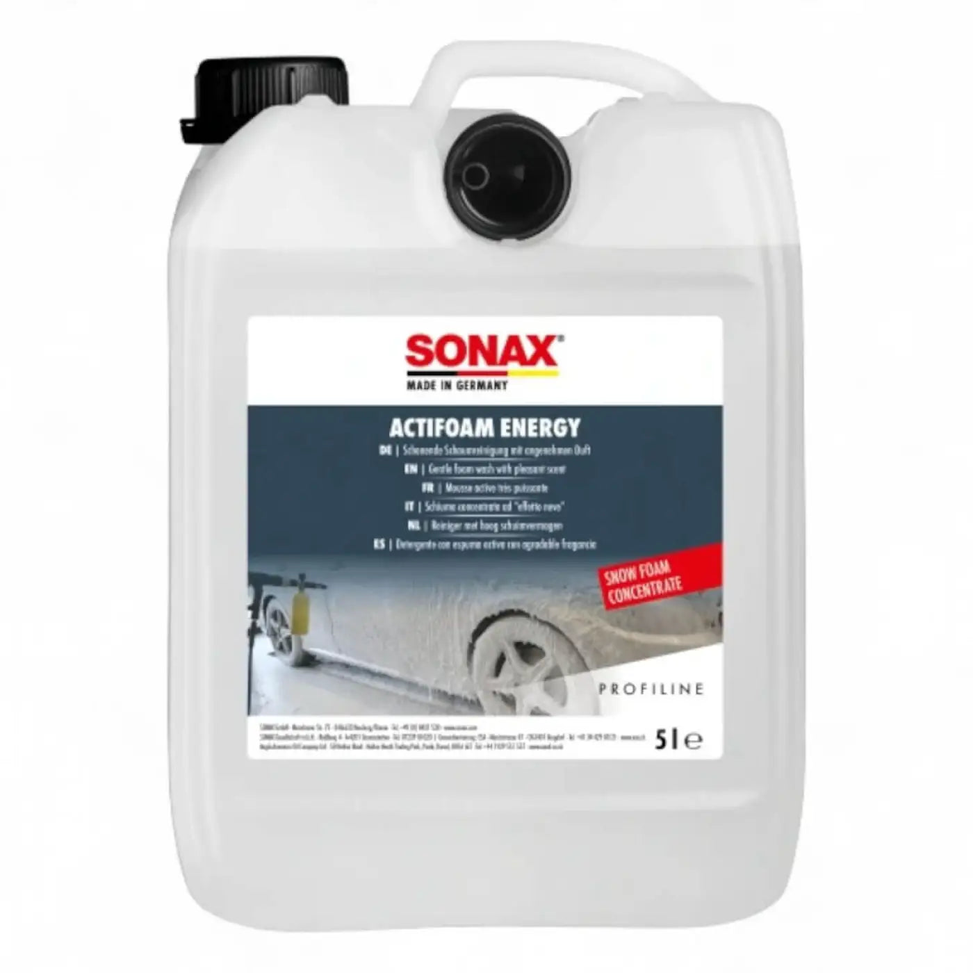 Weiße kunststoffkanister mit schwarzem deckel und griff, sonax actifoam energy 5 liter schneeschaumkonzentrat