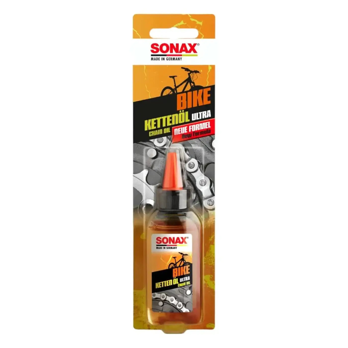 Sonax bike kettenöl ultra 50ml transparentflasche mit orangem deckel und schwarzer düse in orange gelber verpackung