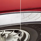 Shiny roter autokarosserie mit chromleisten und schwarzem m+s reifenprofil zeigt sonax chrom alu paste 75ml produkt