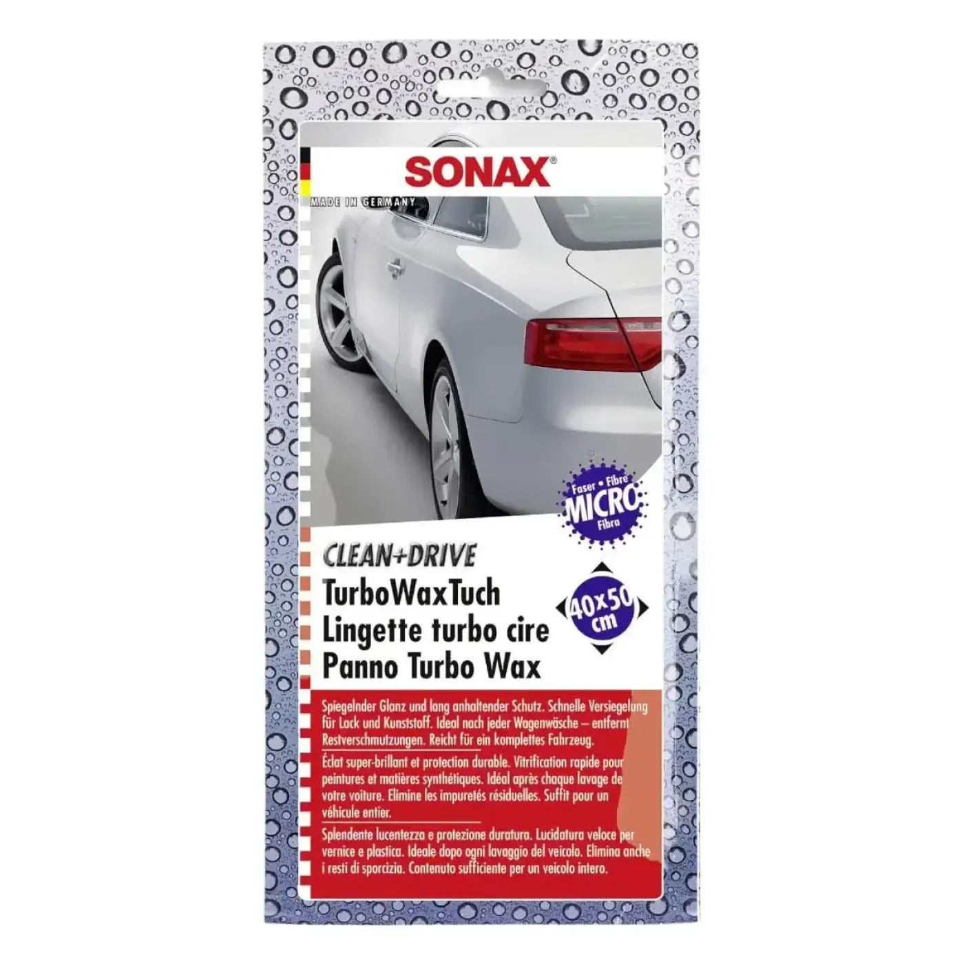 Silberner audi auf der verpackung des sonax clean + drive turbowaxtuchs 40x50cm zur kraftvollen fahrzeugreinigung