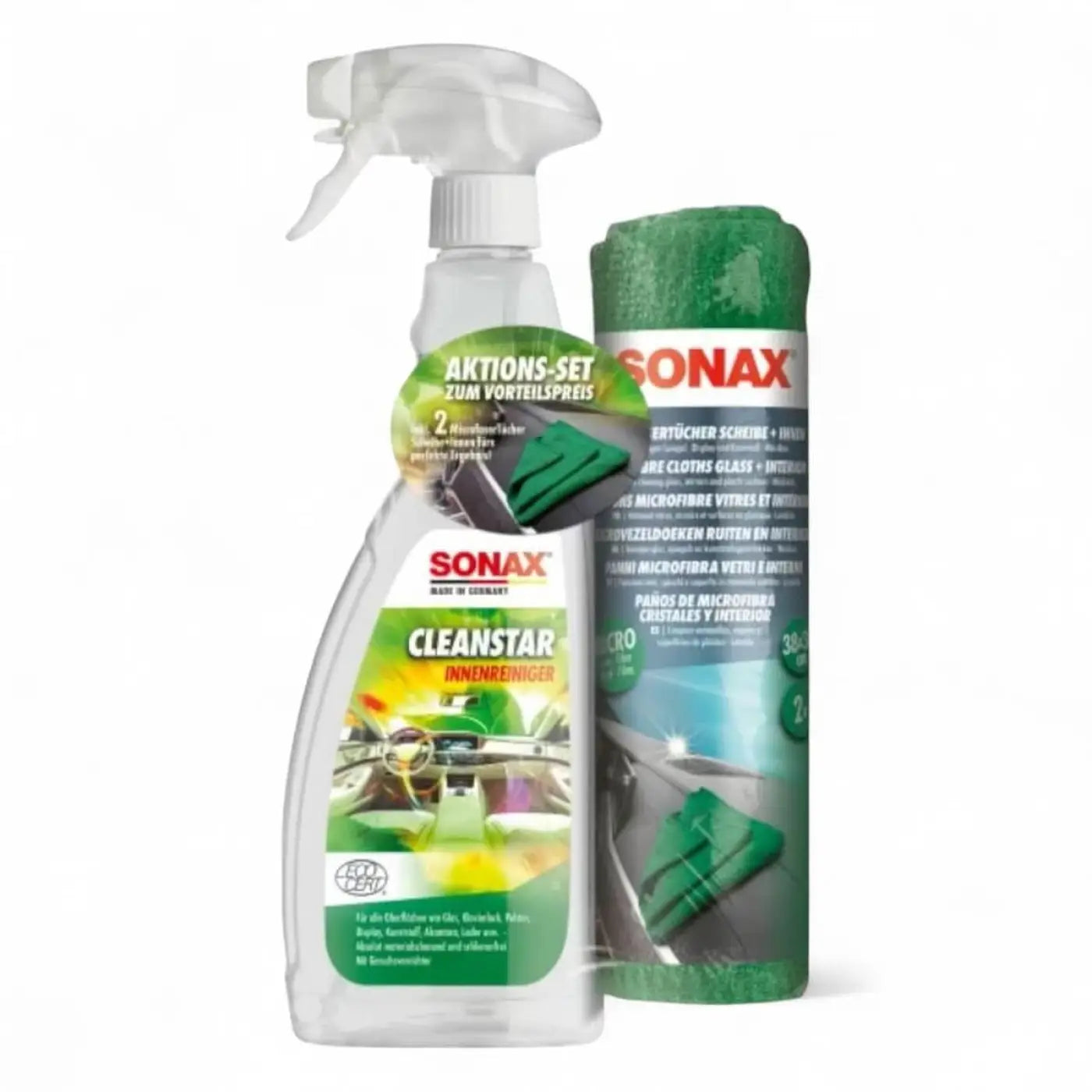 Transparent sprayflasche mit weißem trigger und grünem label neben grünem sonax mikrofasertuch im cleanstar aktionsset