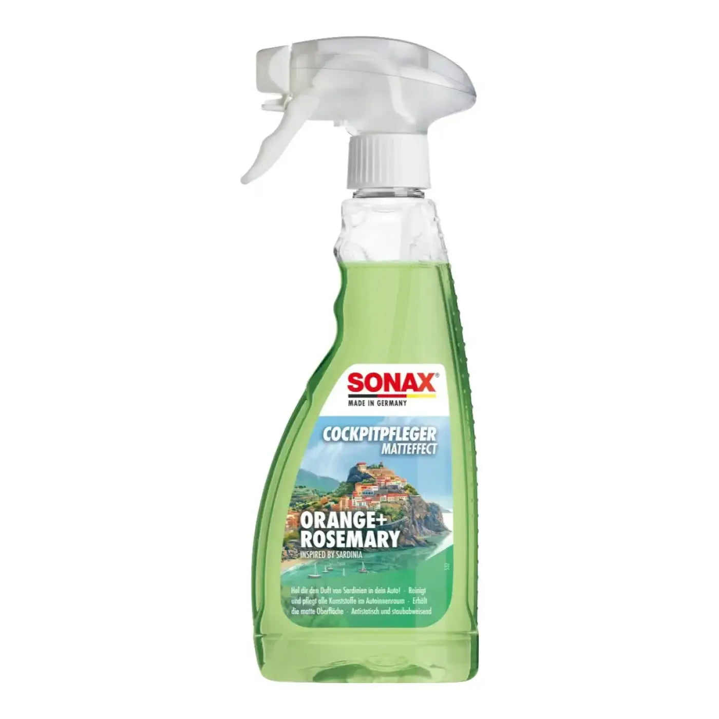 Grüne glas-sprühflasche mit weißem auslöser von sonax cockpitpfleger matteffekt 500ml orange rosmarin duft
