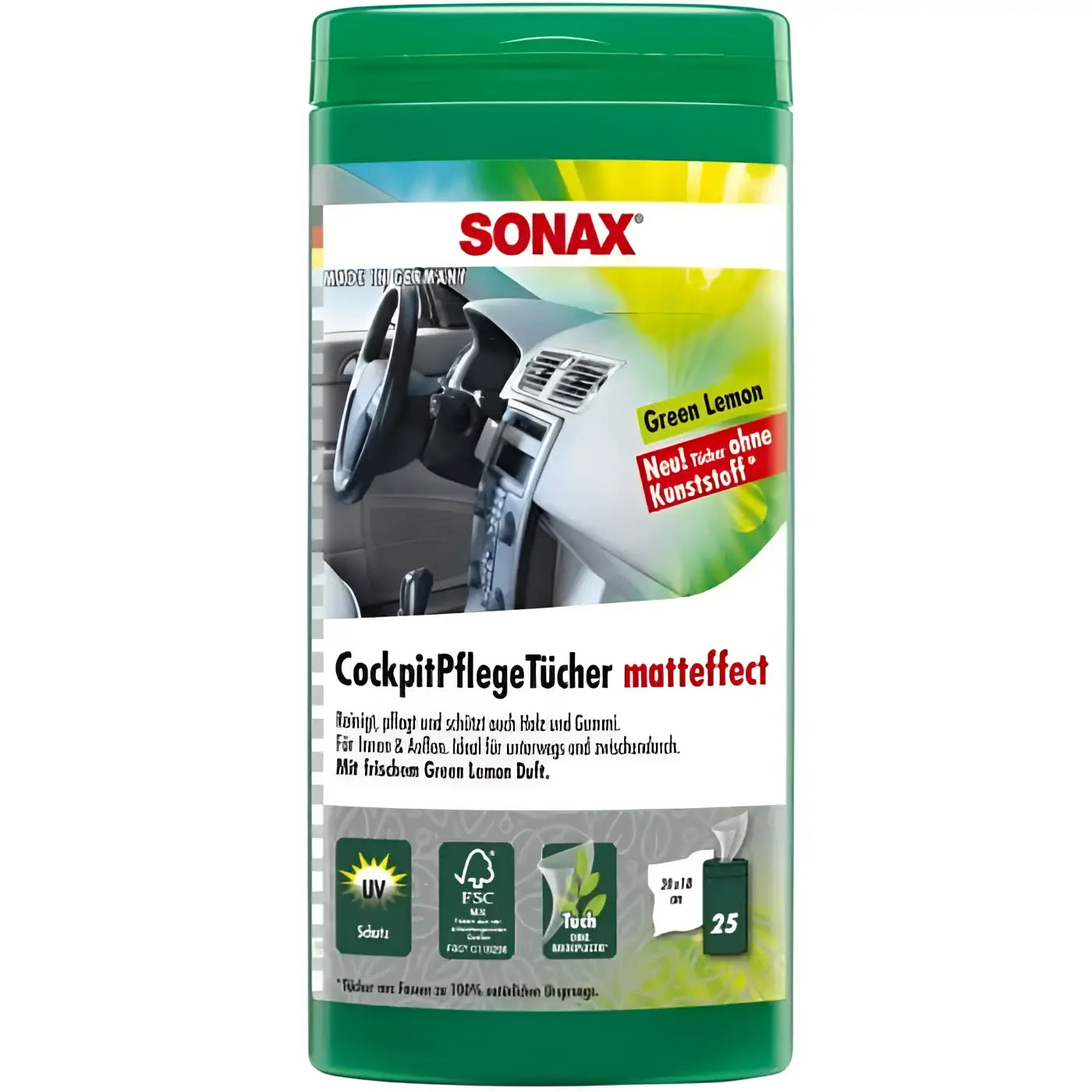Sonax cockpitpflegetücher grün-zitrone matteffekt in zylindrischer dose für die cockpitreinigung