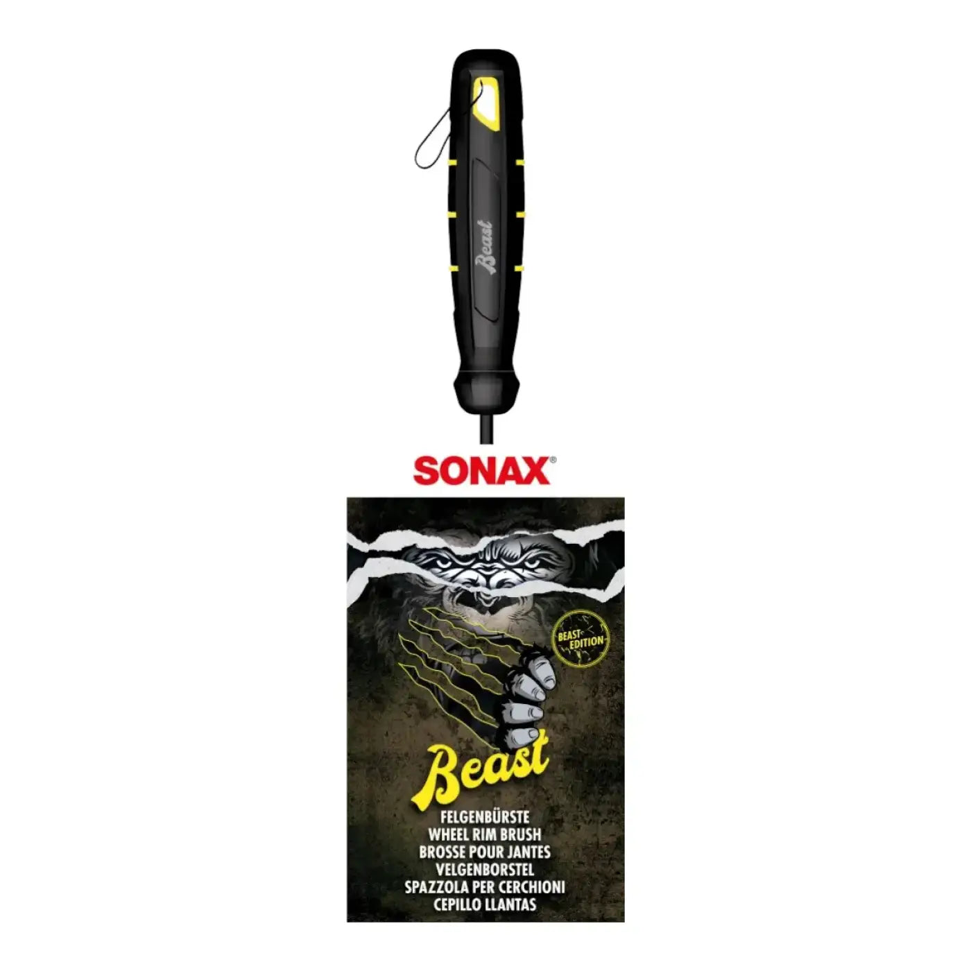 Schwarze und gelbe sonax felgen bürste beast edition mit strukturiertem griff für die radreinigung