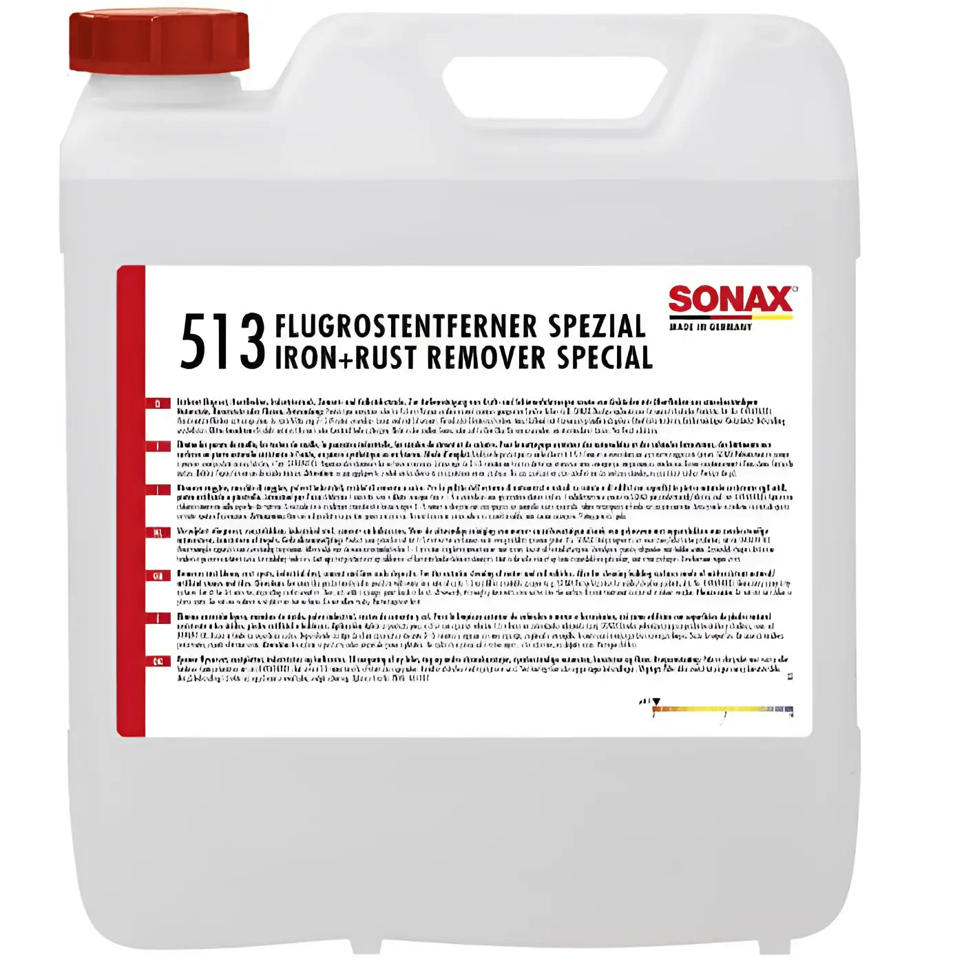 Roter und weißer karton von sonax 513 flugrostentferner spezial für eisen- und rostentfernung 10l