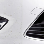 Shiny chrome trim around white car rear window and fuel door shown on back side of sonax insektenentferner 500ml bottle