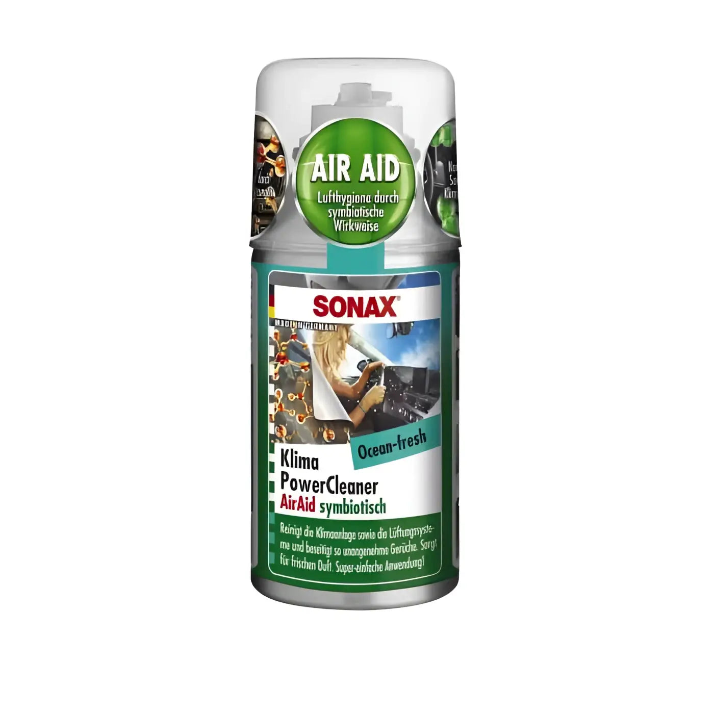 Silberne sonax aerosol dose mit grün-weißem label für air aid ocean fresh klimaanlagenreiniger 100ml