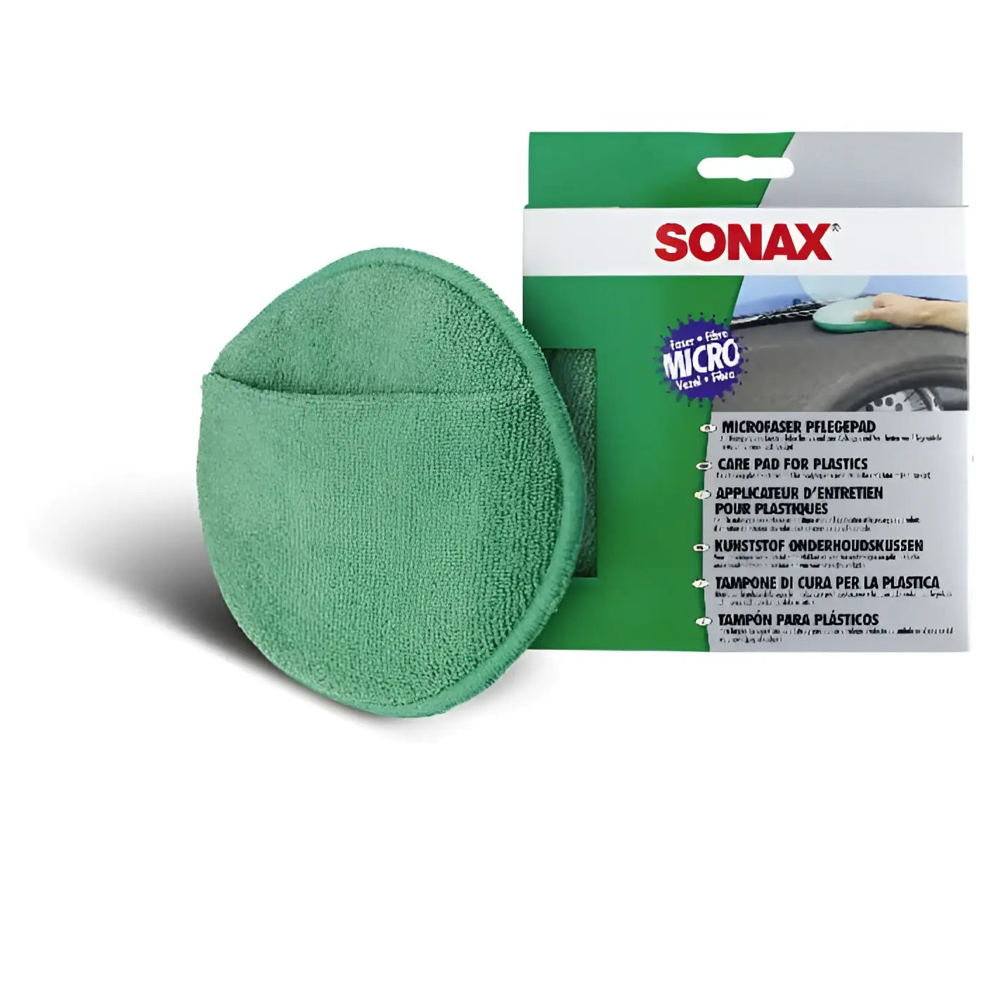 Grünes mikrofaserpflegepad aus microfiber von sonax zur schonenden pflege von kunststoffen