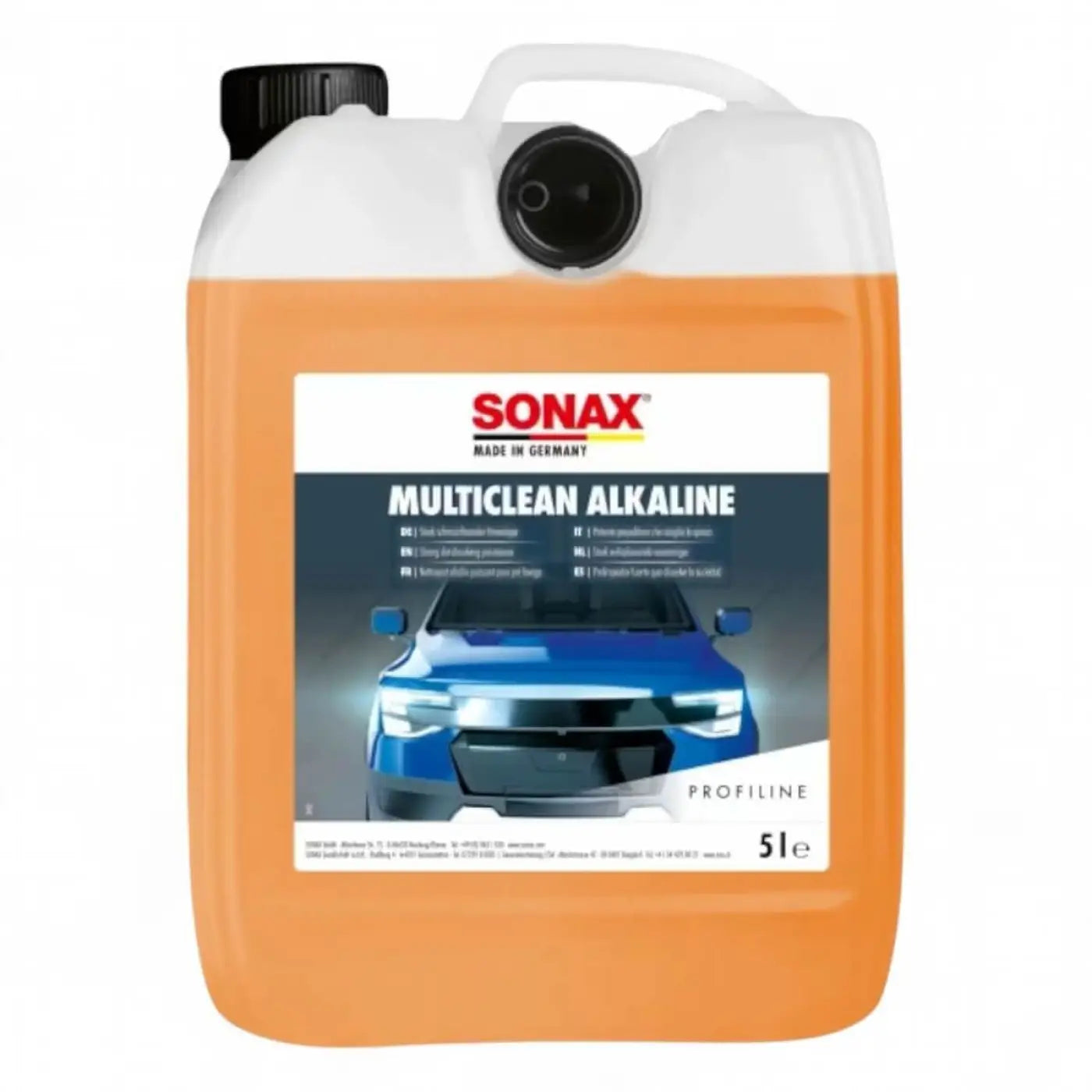 Orange flüssigkeitsgefüllter plastikkanister mit schwarzem deckel und griff sonax multiclean alkaline autowäsche
