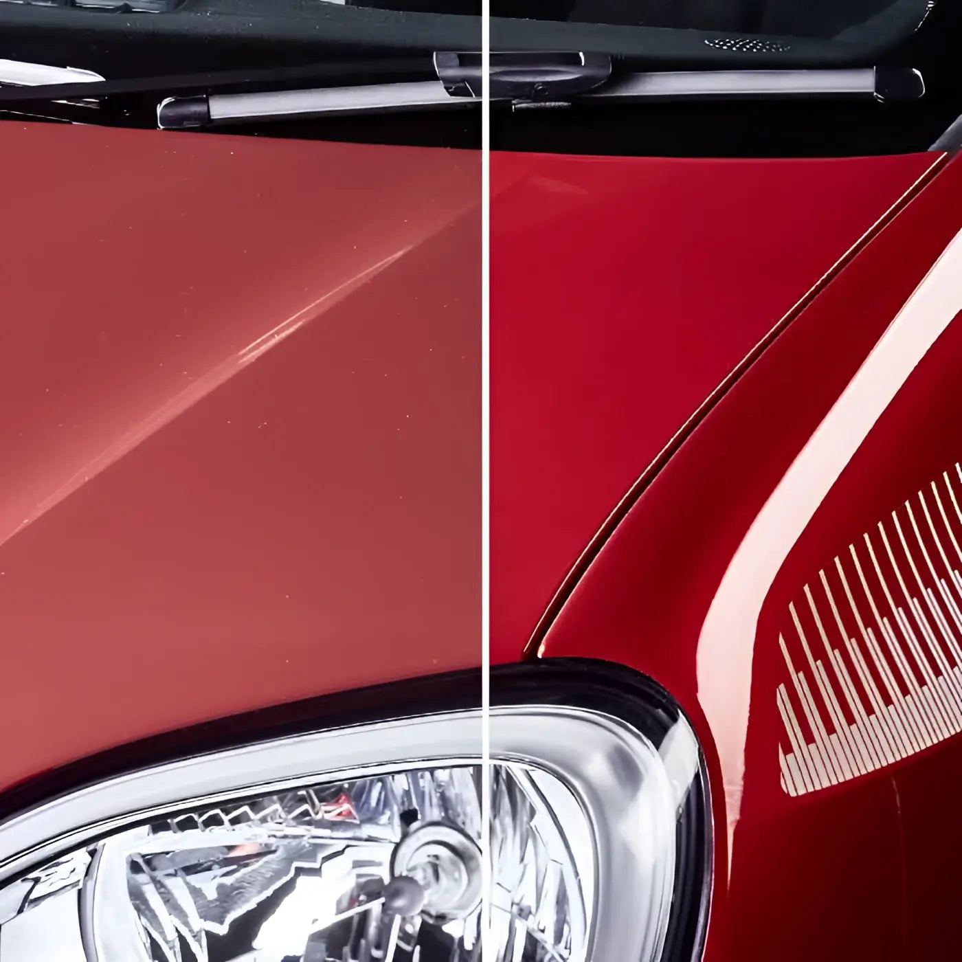 Glänzende rote motorhaube eines autos mit geschwungener form und chromakzenten neben sonax polish wax color 500ml