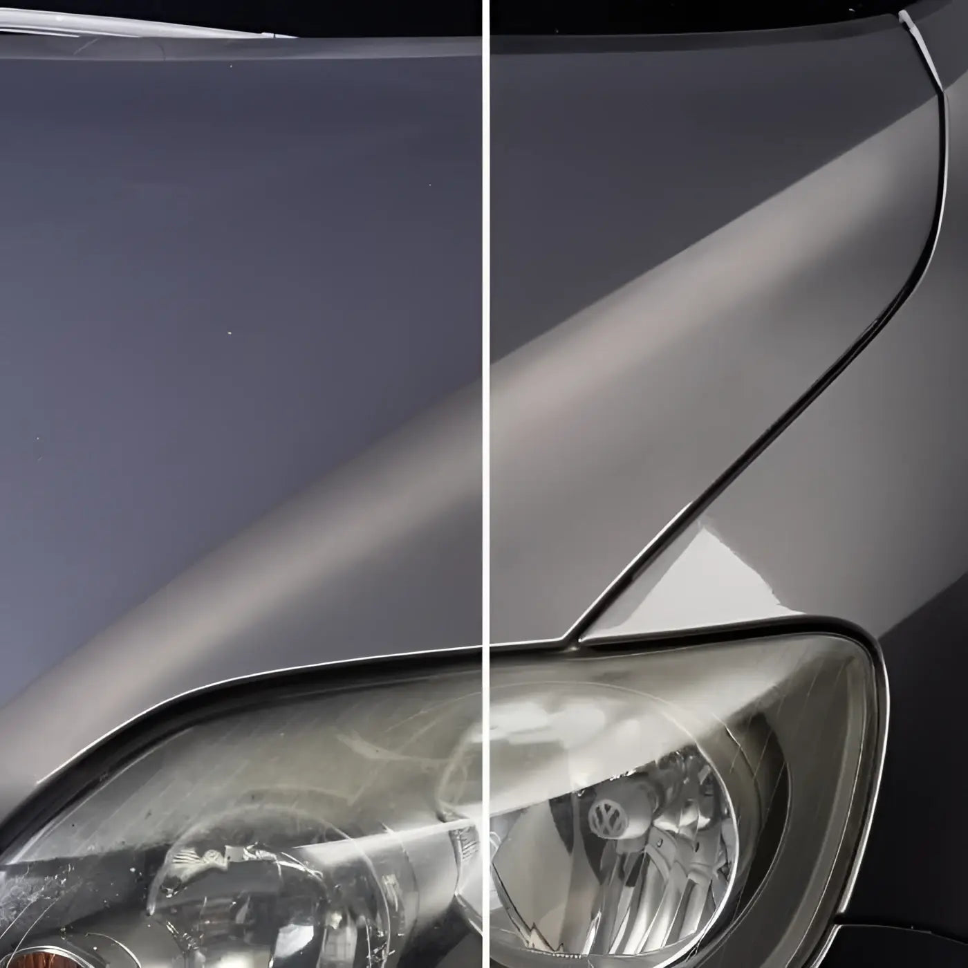 Bild zeigt sonax polish & wax color 500ml mit vorderem kotflügel und scheinwerfer vor und nach der aufbereitung