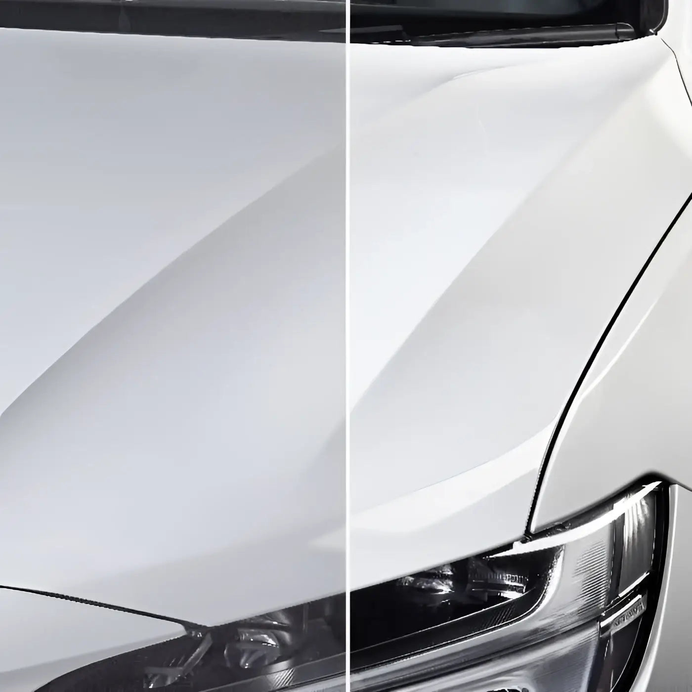 Weißes auto mit glänzend poliertem vorderen kotflügel und scheinwerferbereich mit sonax polish und wax color 500ml