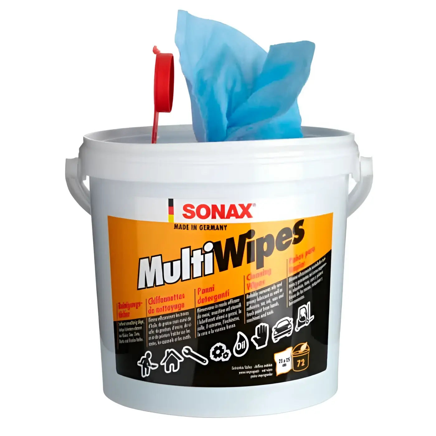 Weißer kunststoffeimer mit rotem klappdeckel und blauen disposable reinigungstüchern sonax professional multiwipes made in germany