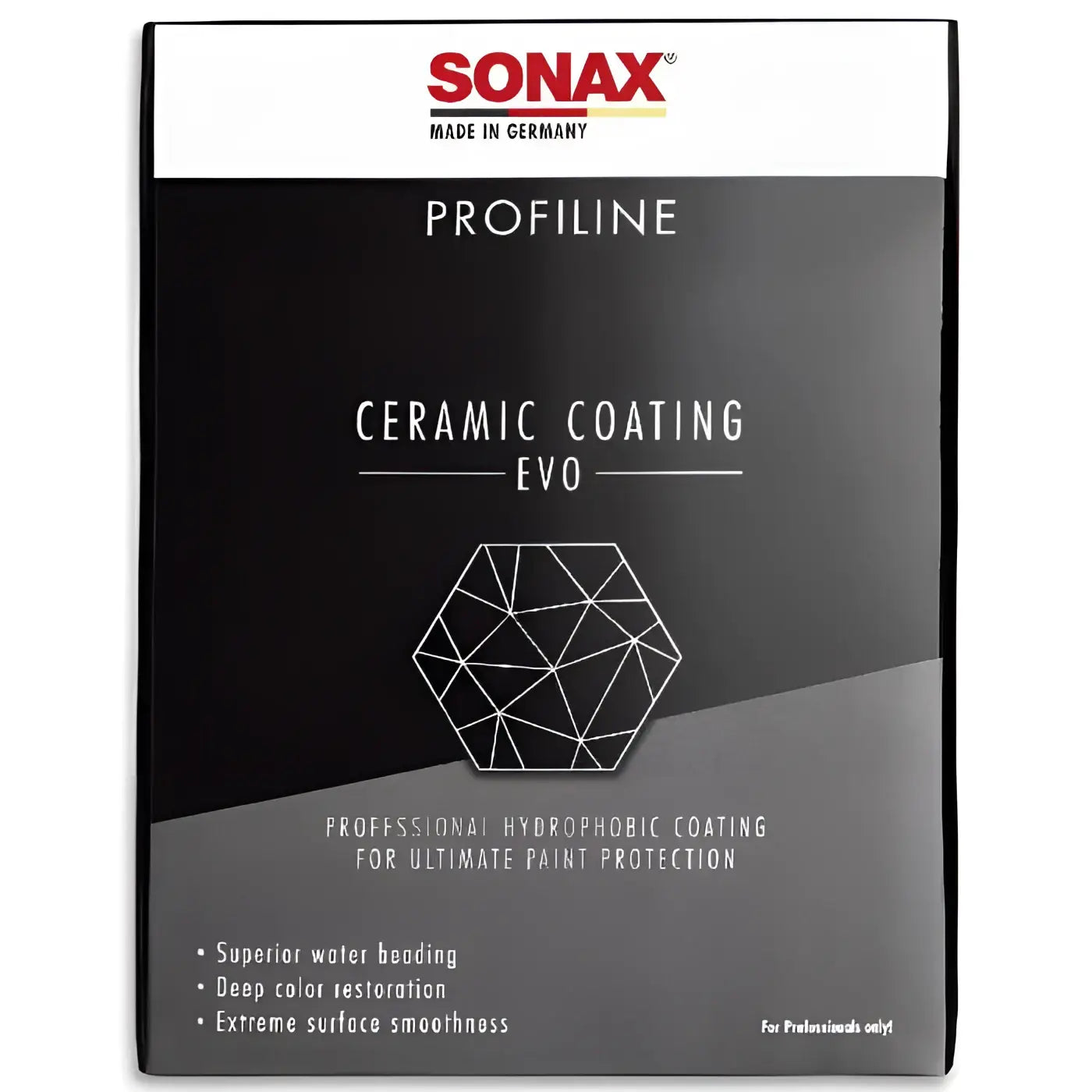 Sonax profiline ceramic coating cc evo professionelle hydrophobe beschichtung in schwarz grauer verpackung mit weißem design