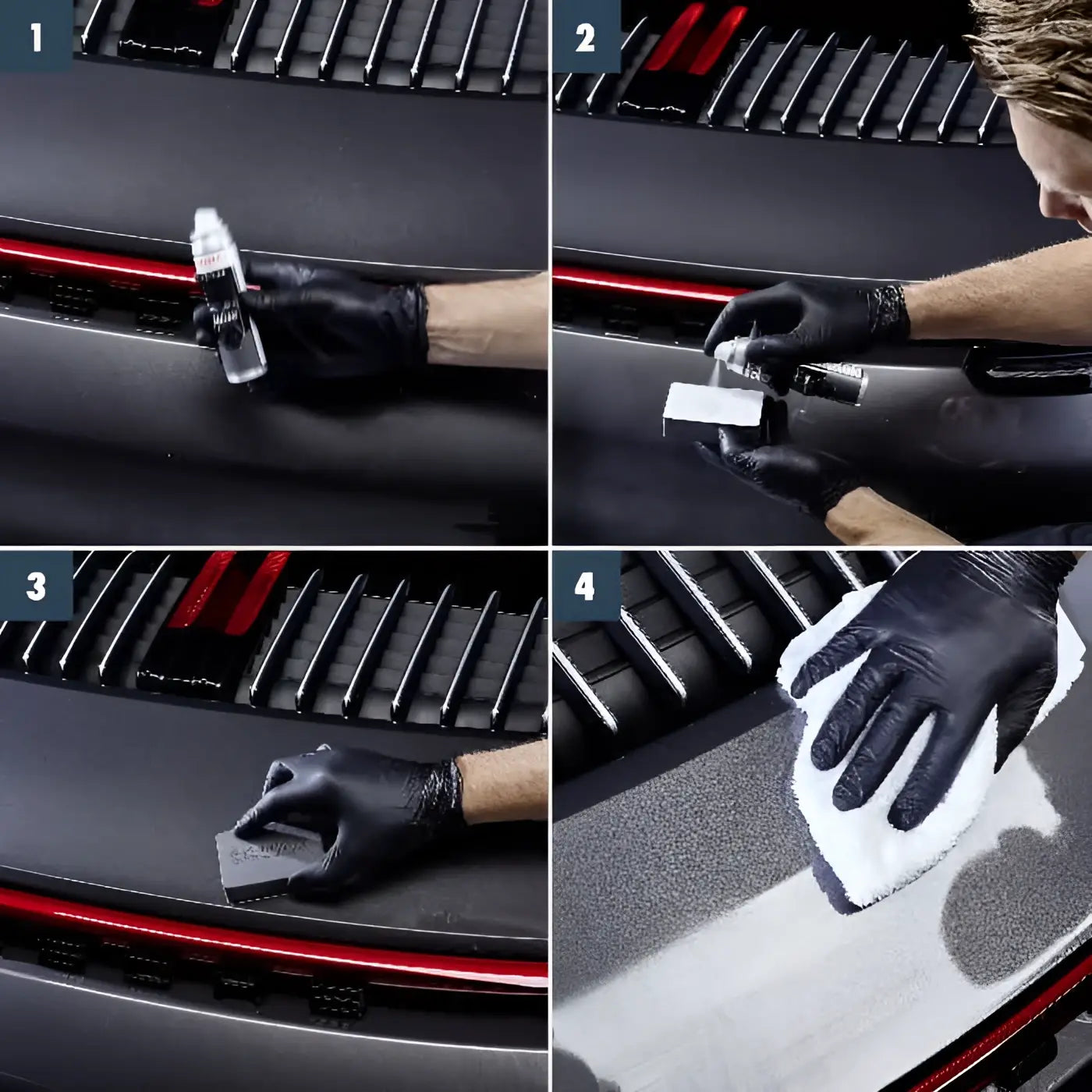 Sonax profiline ceramic coating cc evo autolackversiegelung wird auf eine schwarze matte oberfläche mit rotem akzent poliert