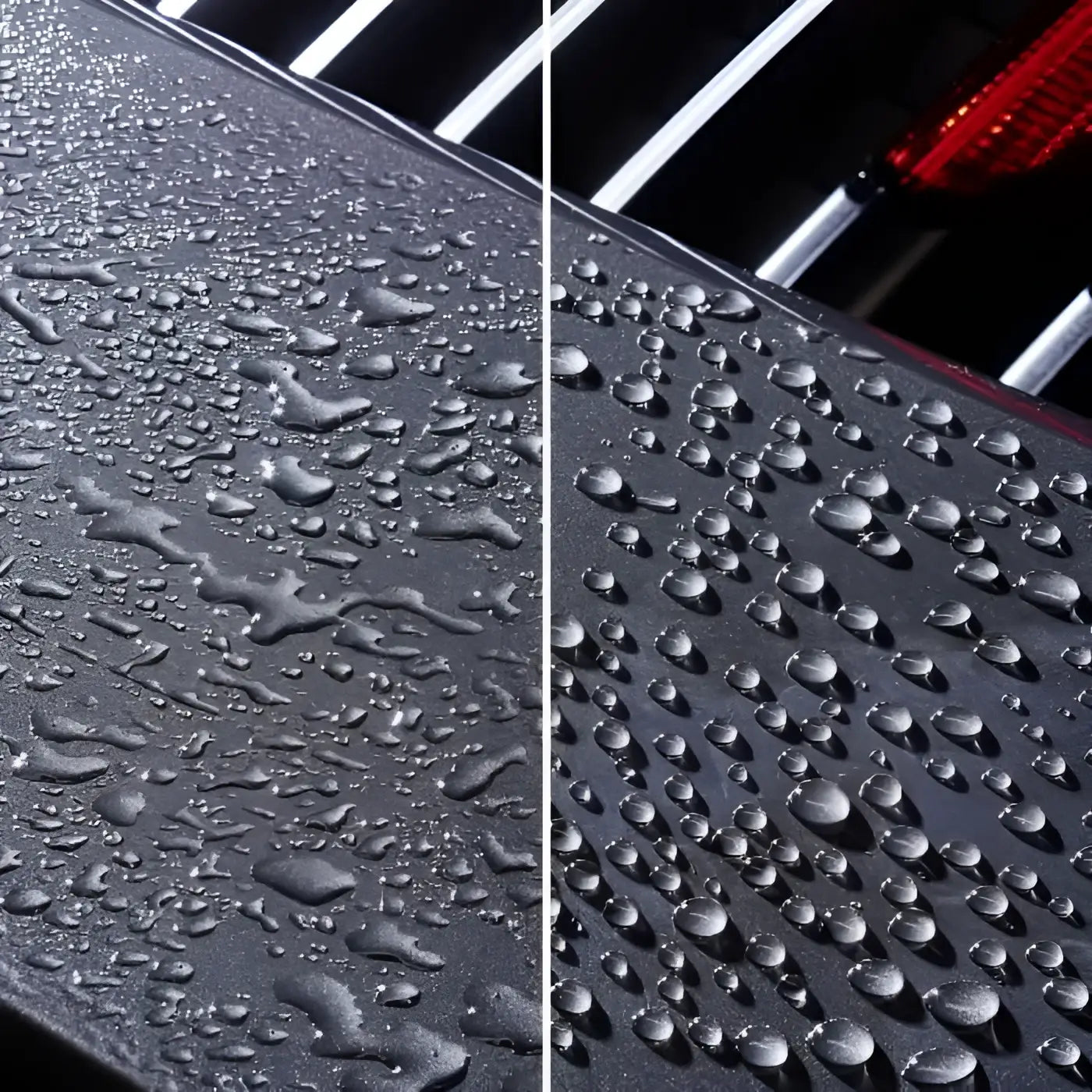 Schwarze strukturierte autofußmatte mit wasserabweisender oberfläche und wassertropfen zur betonung der versiegelung sonax profiline ceramic coating cc evo