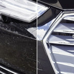 Schwarzer audi mit chromakzenten und schlanken led-scheinwerfern neben sonax profiline multistar 1l reiniger