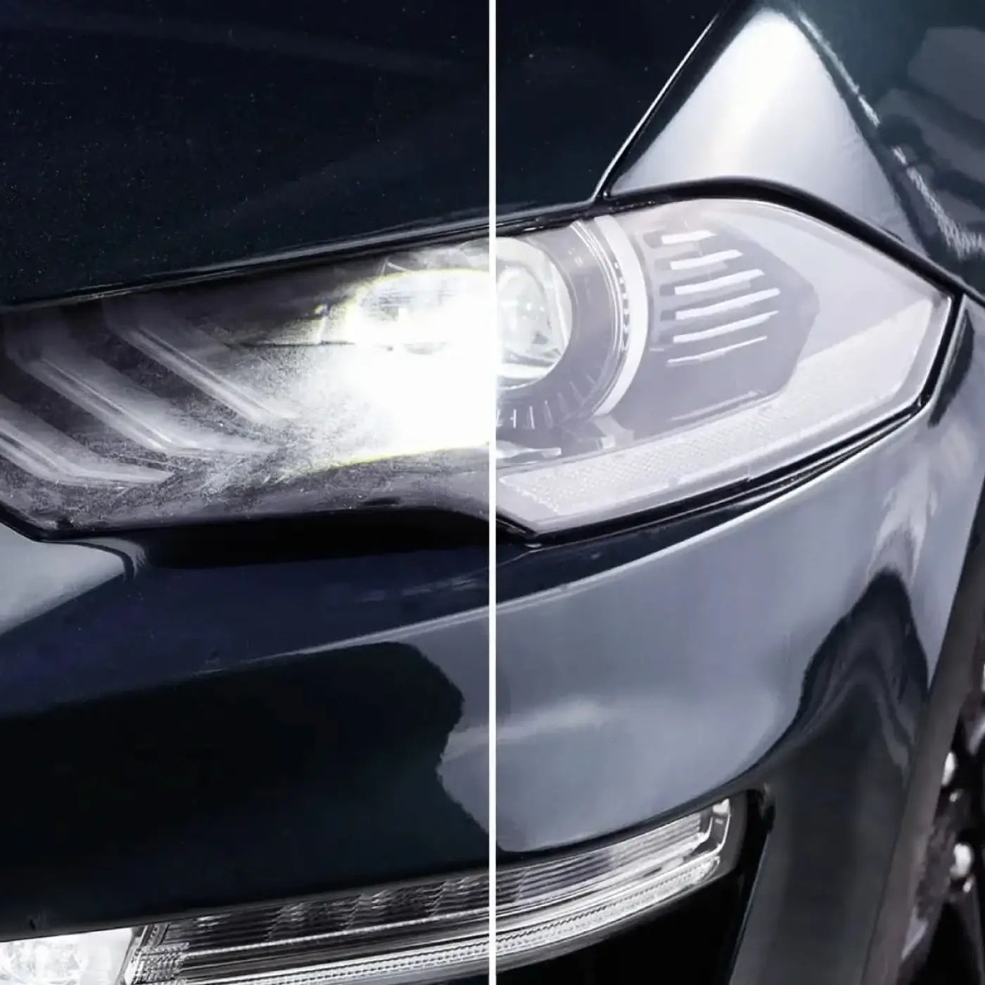 Das sonax scheinwerfer aufbereitungsset zeigt einen dunklen wagen mit zwei unterschiedlichen scheinwerferdesigns