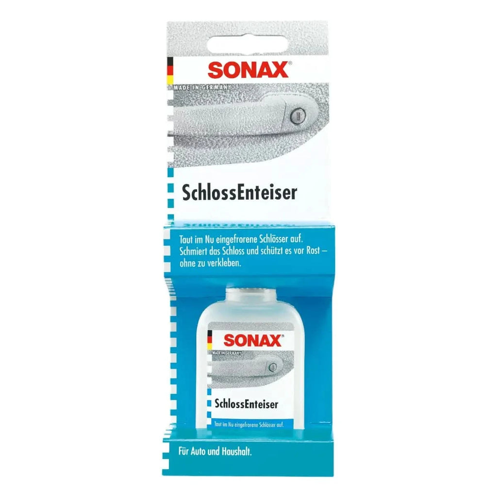 Sonax schlossenteiser 50ml in klarer kunststoffflasche mit weißem etikett und blauer verpackung zur schlossenteisung