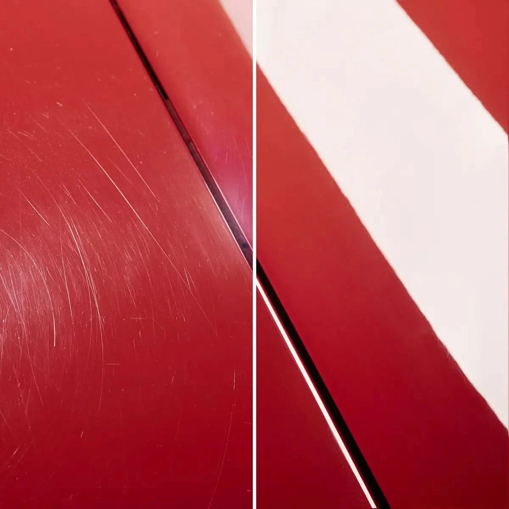 Rote lackoberfläche mit sichtbaren kratzern links und sauberer glatter oberfläche rechts nach behandlung mit sonax xtreme polish wax 2 hybrid npt 500ml