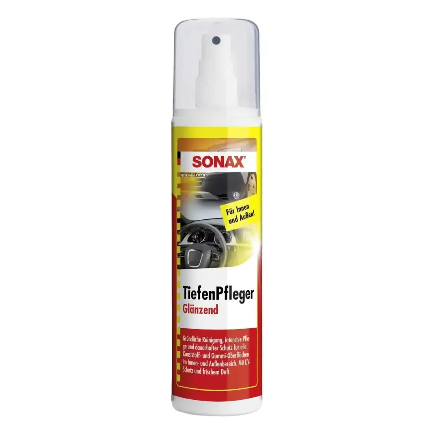 Sonax tiefenpfleger glänzend auto innen und außen tiefenpflege spray in weißer dose mit gelbem und rotem etikett