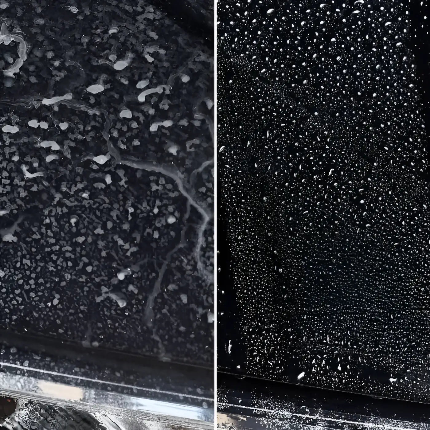 Vergleich von einer rauen, dunklen oberfläche mit rissen und einem glatten, glänzenden wasserabweisenden finish mit sonax wasch+wax autoshampoo mit wax