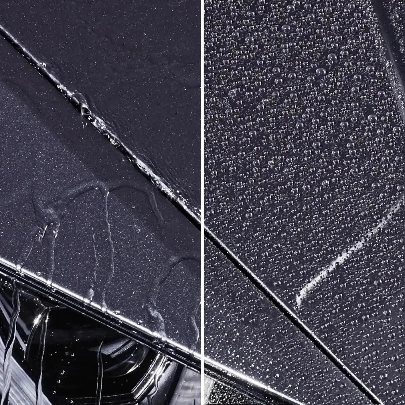 Schwarze strukturierte autolackoberfläche mit wasserperlen, behandelt mit sonax xtreme brilliant wax 1 hybrid npt 500ml