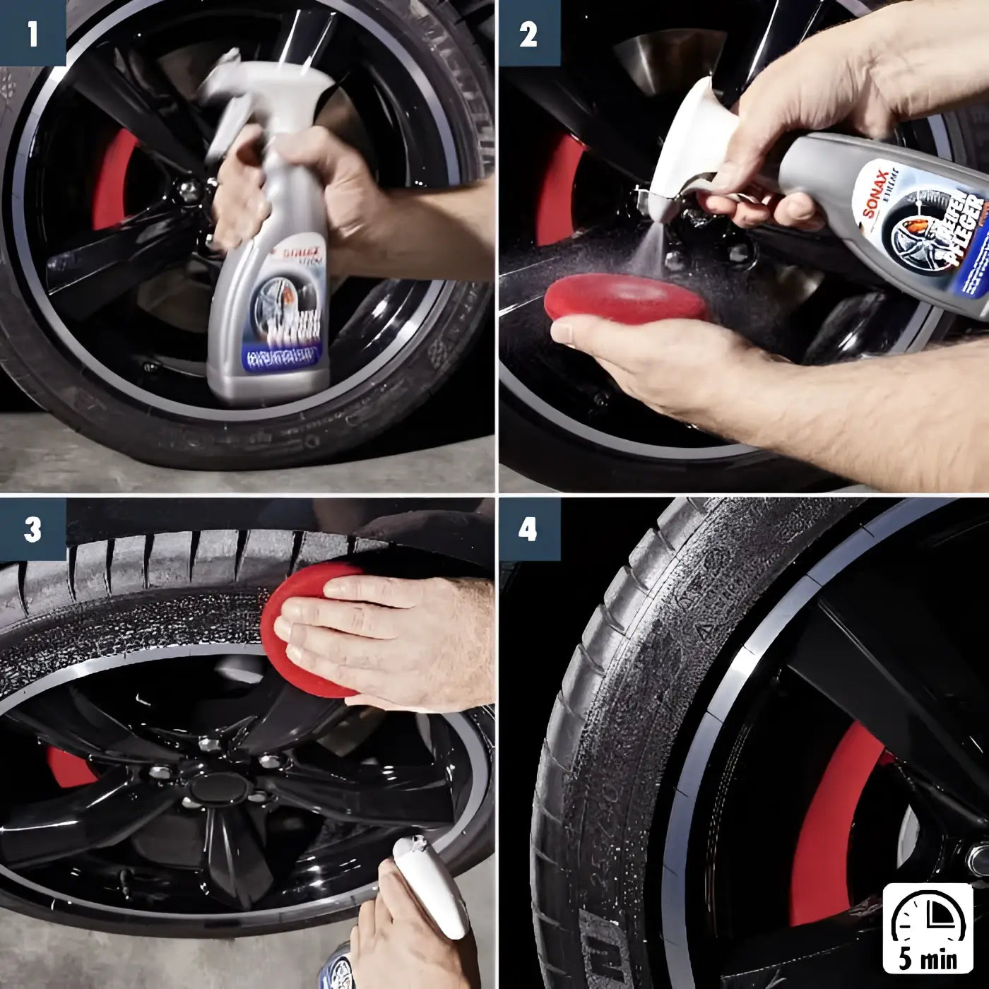 Silberne sprühflasche sonax xtreme reifenpfleger matteffect 500ml mit weißer düse und blauem etikett