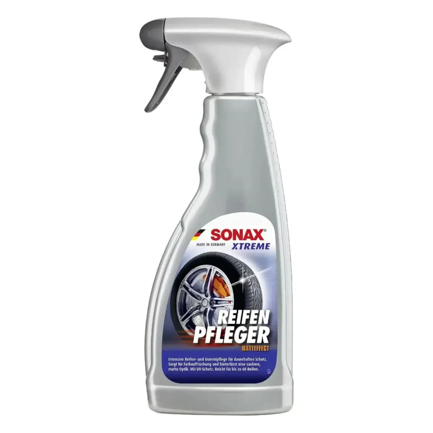 Silberne sprayflasche sonax xtreme reifenpfleger matteffect 500ml mit matter oberfläche und schwarzem abzugssprühkopf