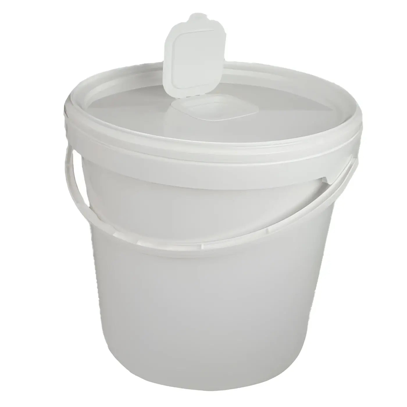 Weißer plastikeimer mit klappdeckel und integriertem griff für desinfektions- und reinigungstücher
