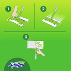 Swiffer anti-staub bodentuch mit grün weißem mopkopf und gelben rollen zur trockenen bodenreinigung