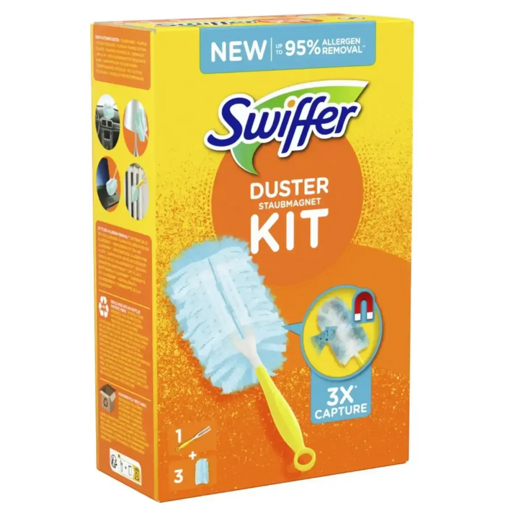 Swiffer duster kit mit hellblauem mikrofaserkopf und gelbem griff inklusive 3 staubfangtücher