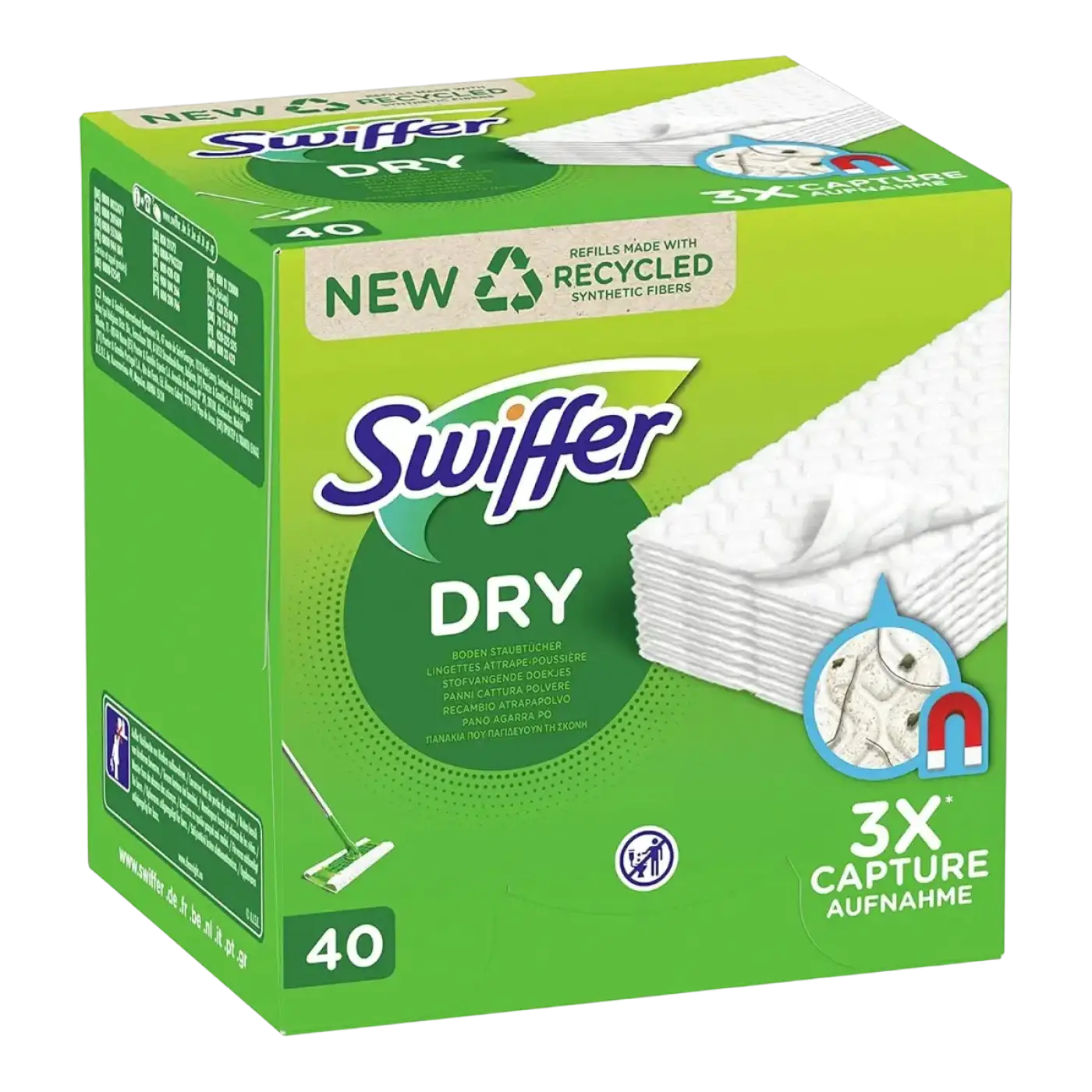 Grüne box swiffer dry microfiber mop nachfüllpackung mit weißen texturierten pads und recyclingfasern