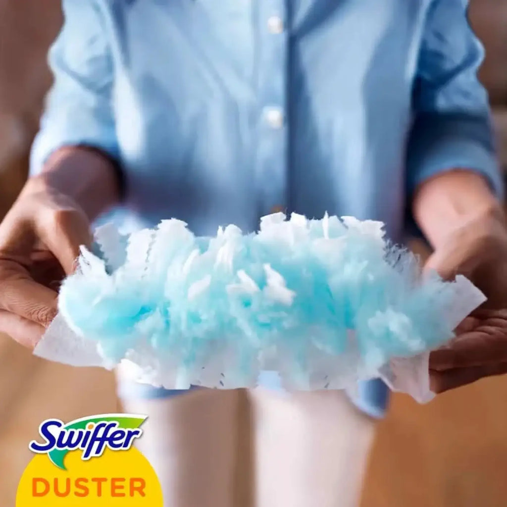 Light blue and white fluffy swiffer xxl duster head made of soft fibers for effective dust removal