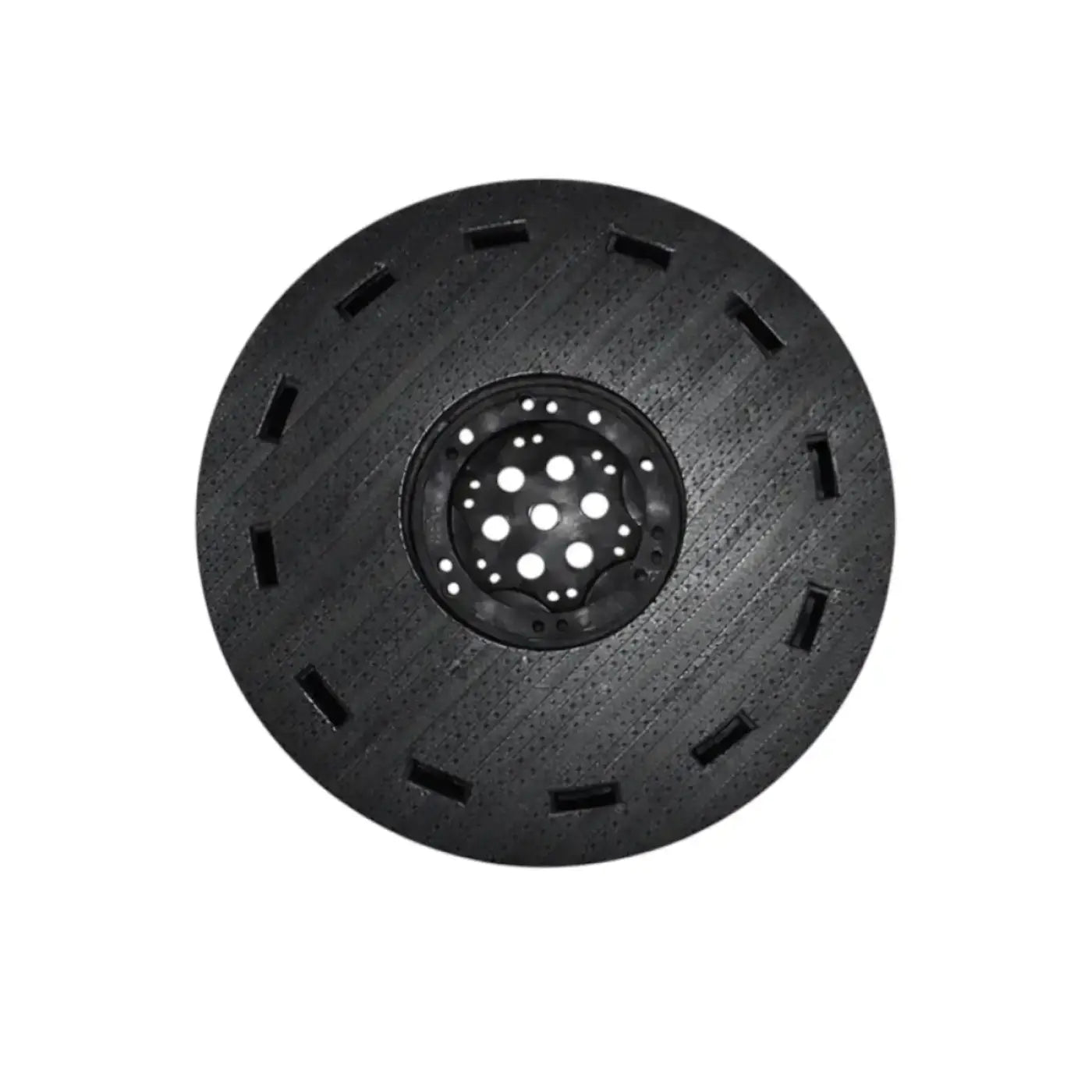 Schwarzer treibteller aus metall mit zentralem perforiertem hub und rechteckigen öffnungen für pads bis 480 mm tennant