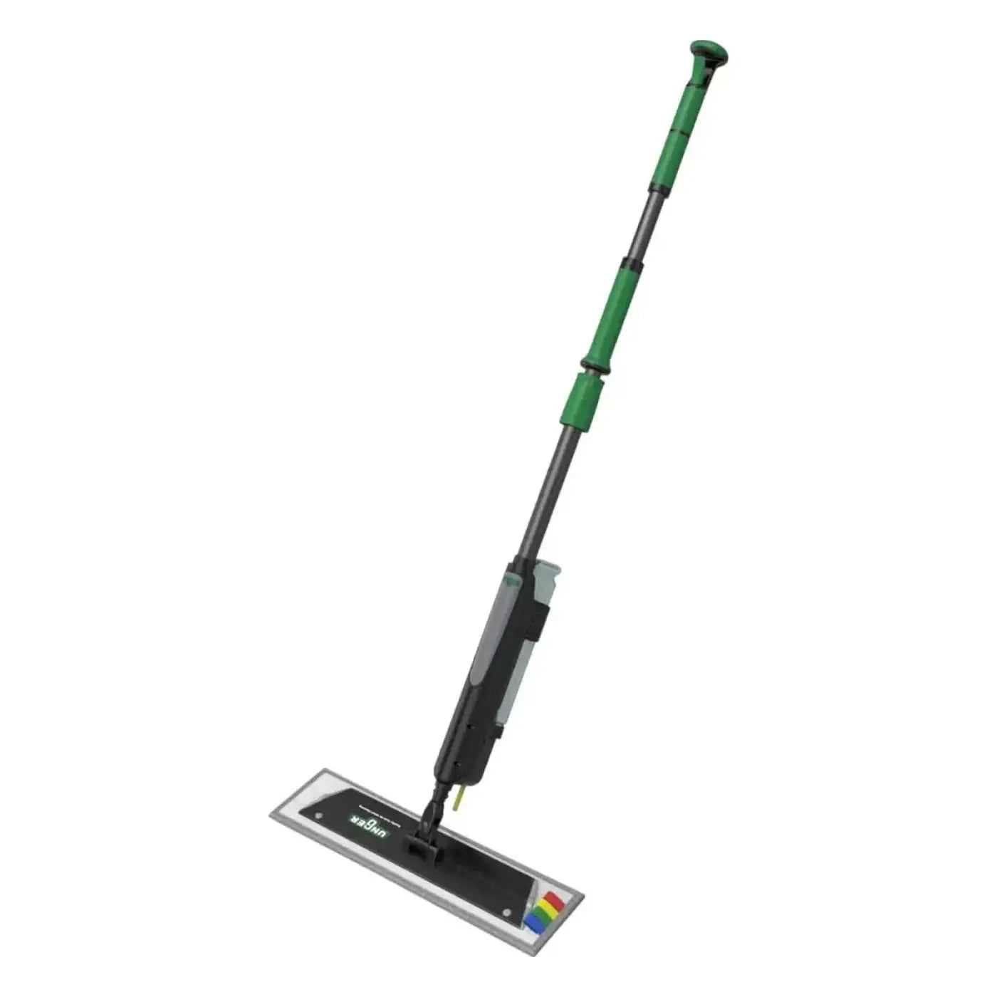 Grüner und schwarzer verstellbarer ungger ergo!clean bodenreinigungsmopp mit rechteckiger silberner grundplatte und ergonomischem griff