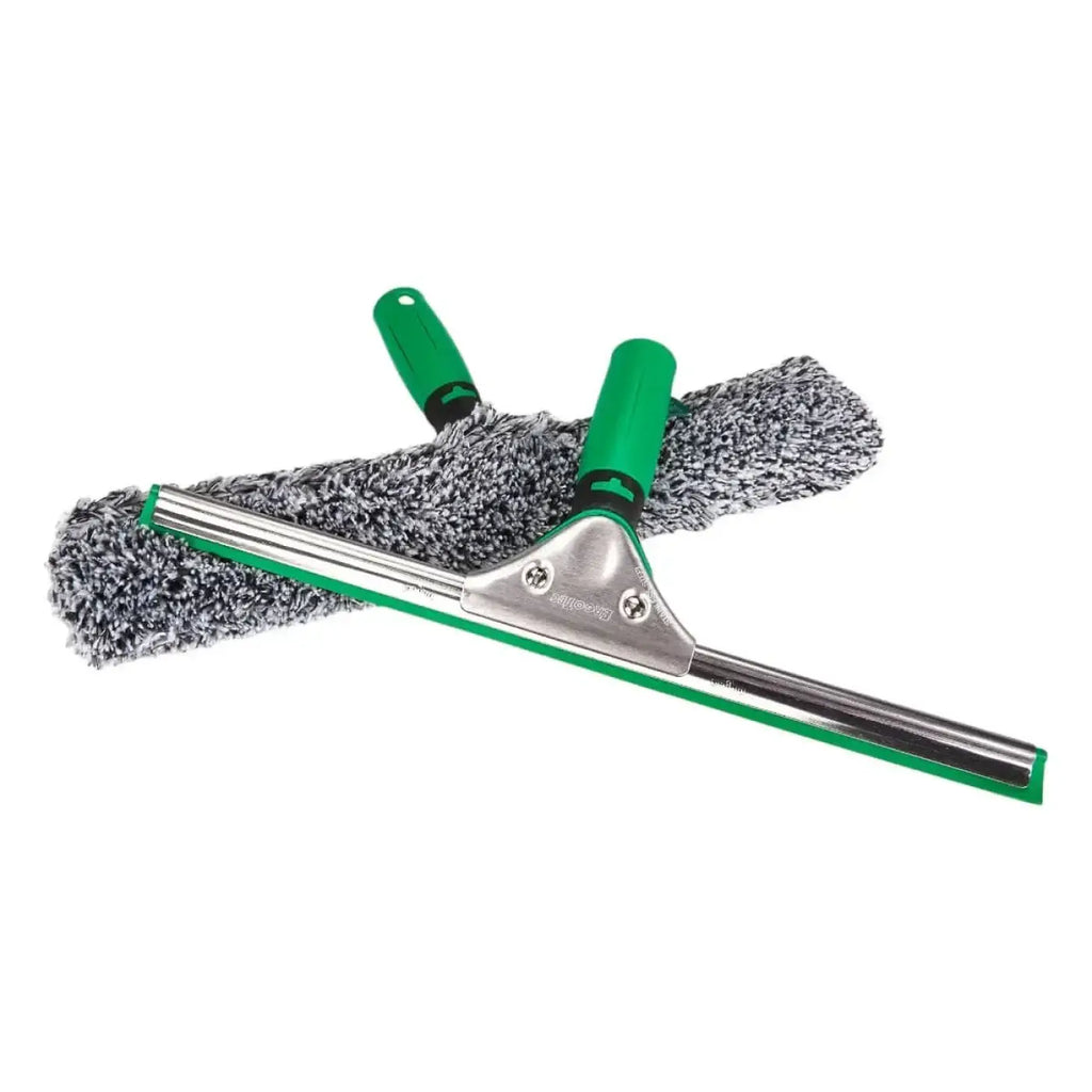 Unger ergotec 2in1 starter set ak011a grün-griff squeegee mit silbernem metallrahmen und grauem mikrofaserpad