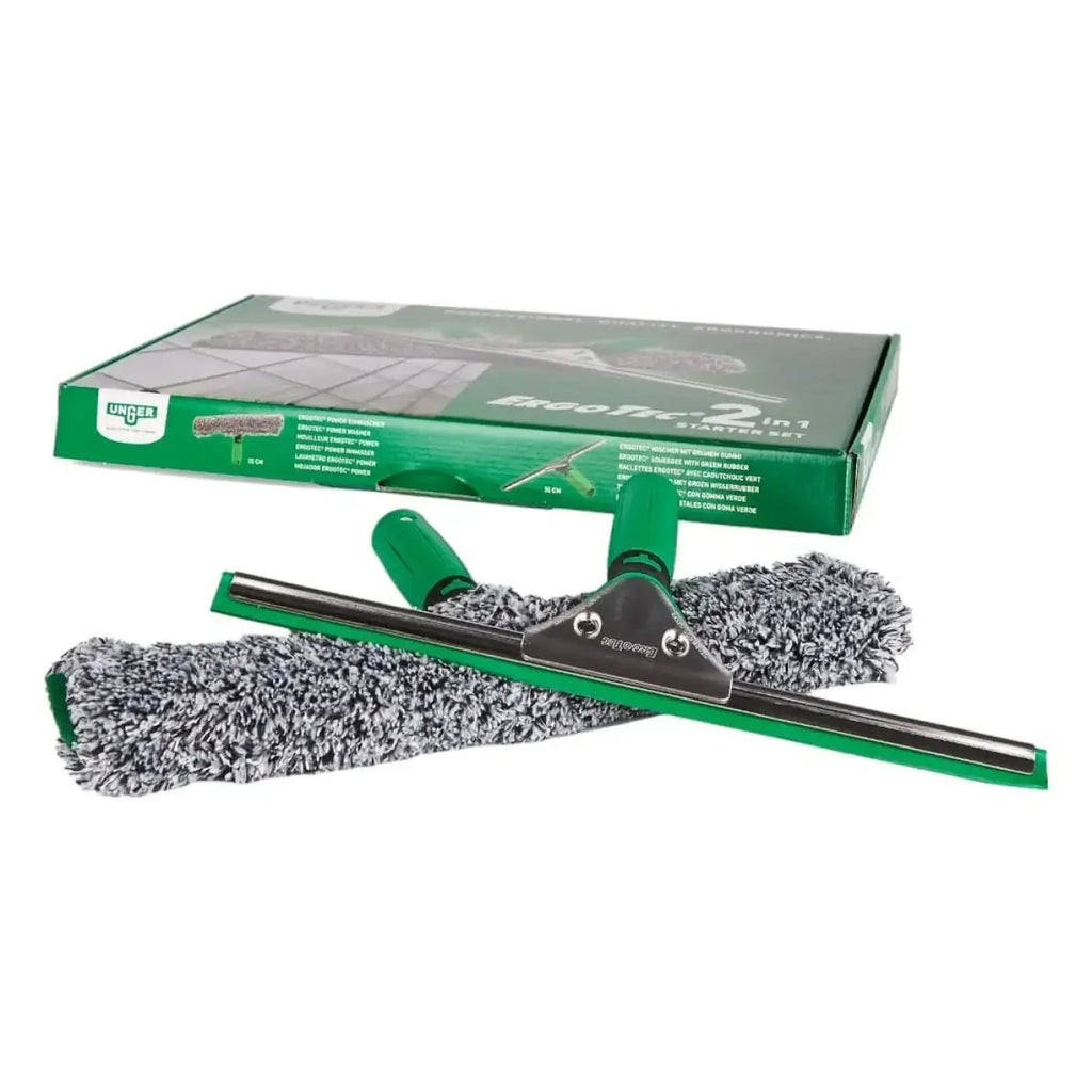 Unger ergotec 2in1 starter set grün-handhabende lumber pro squeegee und mikrofaser mop mit schwarz-weiß texturiertem reinigungskopf