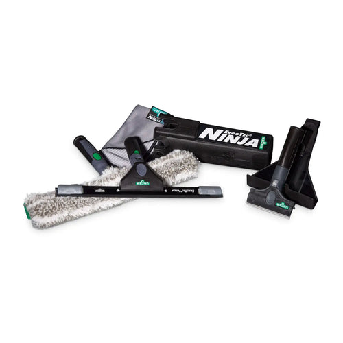 Ungern ergotec ninja 6in1 fensterreinigungsset mit schwarz-grünen exotec werkzeugen und grauen mikrofaserabziehern